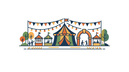 Colorful carnival fairground scene with circus tent and festive bunting. © Baasim_Ghava