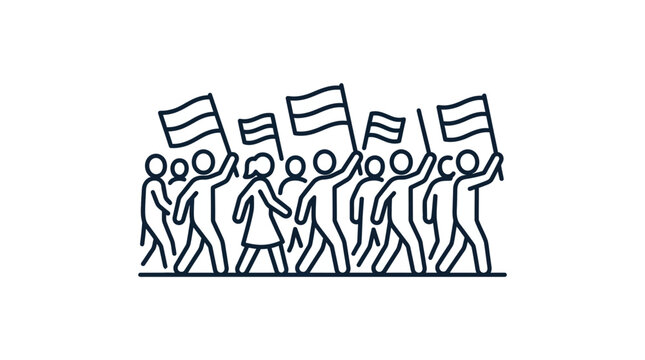 A line art illustration of a diverse group of people marching together while holding flags.