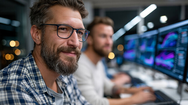 High-quality stock photo of software engineers collaborating at a long desk with multiple monitors showing abstract data streams and dashboards, focused teamwork atmosphere, modern