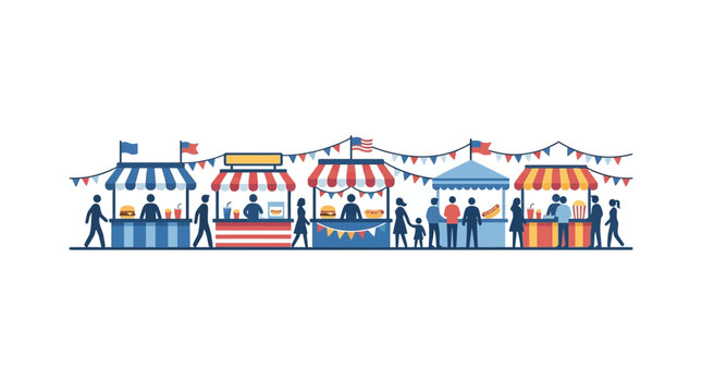 A vibrant outdoor street market scene featuring colorful stalls and diverse people shopping.