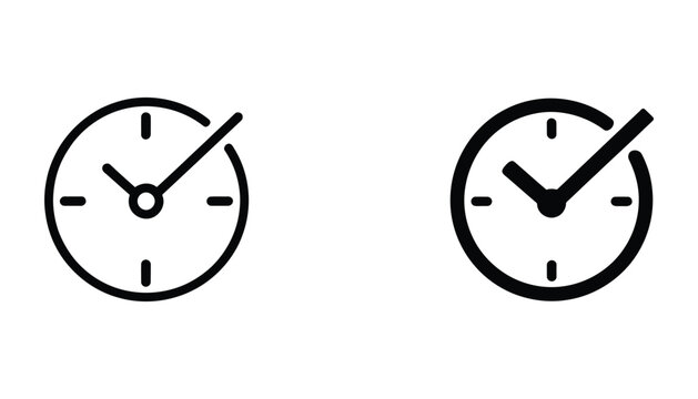 Clock check mark icon featuring minimalist black outline design, time management symbols, productivity planning graphics, reminder elements, and business scheduling vector illustrations
