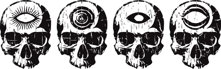 Fototapeta premium four human skulls with surreal eye designs on foreheads gothic, horror, dark art, monochrome illustration