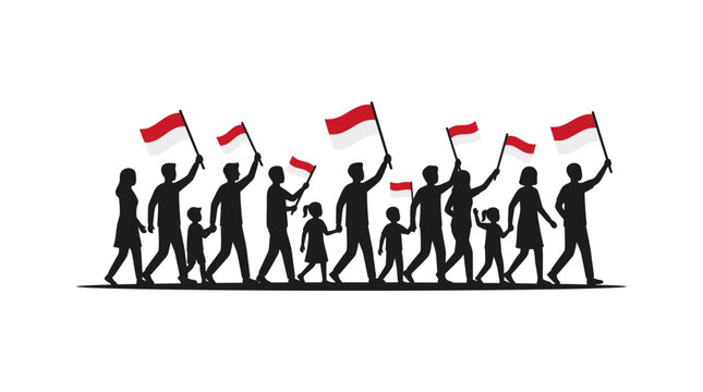 Silhouettes of a diverse group of people marching together while holding red flags.
