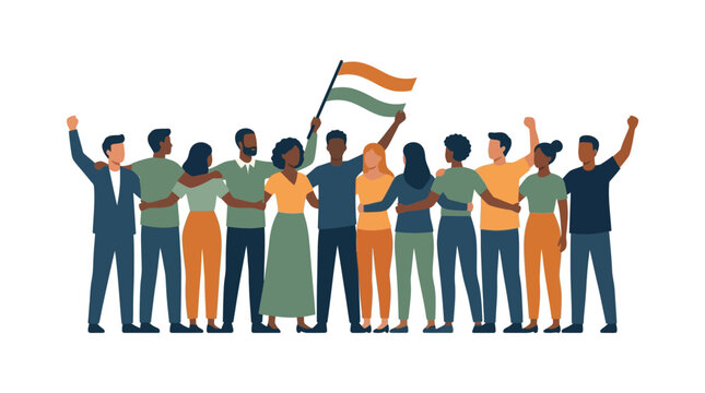 A diverse group of people standing together holding the Indian flag in celebration.