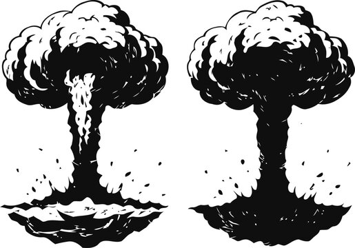 Black and white mushroom cloud illustration set nuclear explosion blast and fallout smoke
