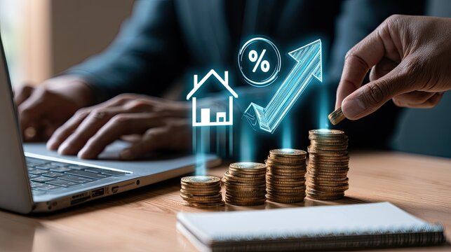 Hand stacking coins on growing stacks, laptop, house, arrow graph, percentage