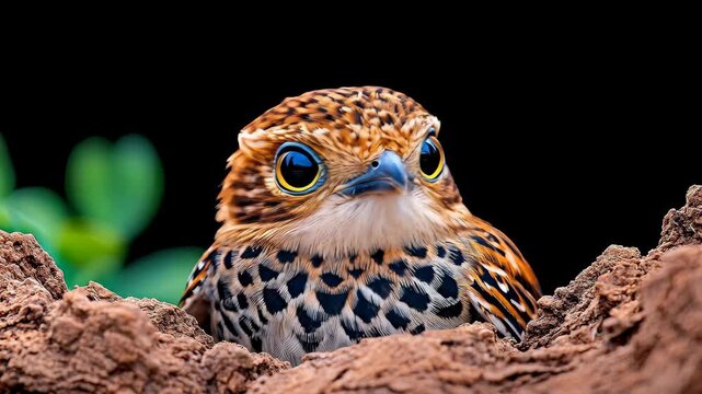 A detailed close-up of a bird with striking colors, including brown, black, and blue. Its eye has a beautiful blue iris and yellow ring