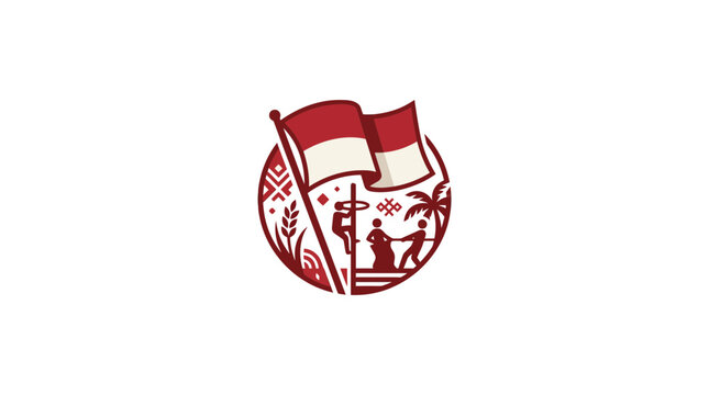 Indonesian Independence Day celebration emblem with traditional games and national flag.