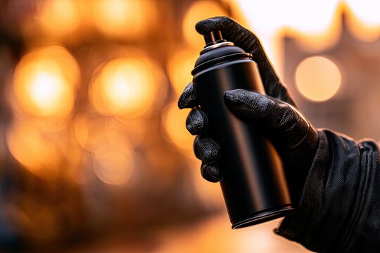 Hand in black glove holds black spray paint can, warm bokeh background