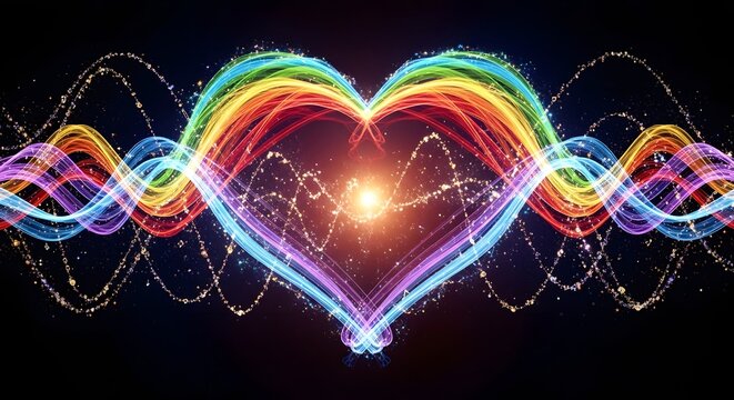 Abstract heart shape formed by colorful rainbow soundwaves and glittering light trails on a dark background