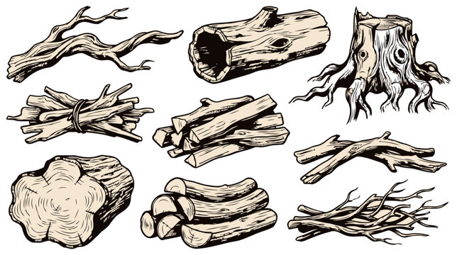 Collection of hand drawn wooden elements including logs, firewood bundles, tree branches, and stumps, isolated on a white background, vector illustration.