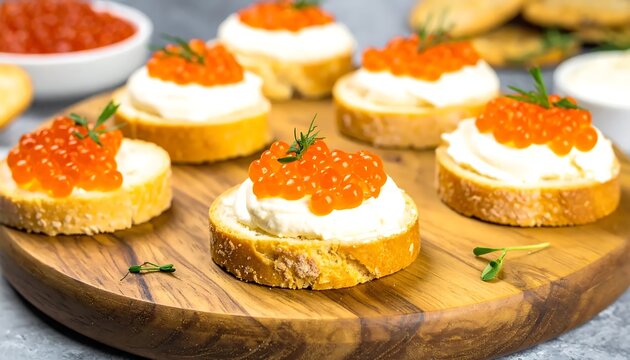 Gourmet Caviar Canapes Arranged on Wooden Serving Board