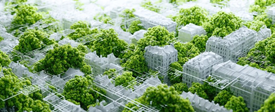 Miniature city model with buildings and lush green trees intertwined