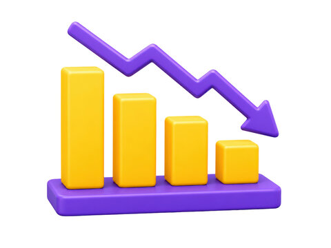 Declining financial graph with yellow bars and purple arrow isolated on transparent base.