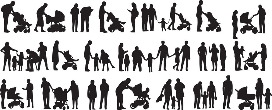 Silhouette of parents and children walking with strollers on a sunny day outdoors