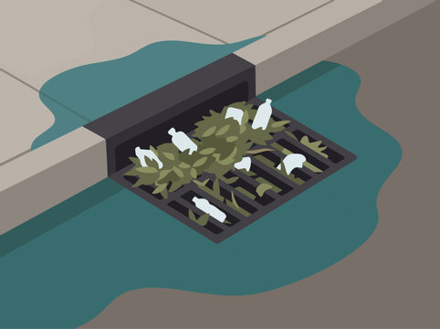 Flooded urban drainage system overwhelmed with debris and wildlife. Illustrative depiction of a clogged storm drain, highlighting environmental impact. Clean, modern style.