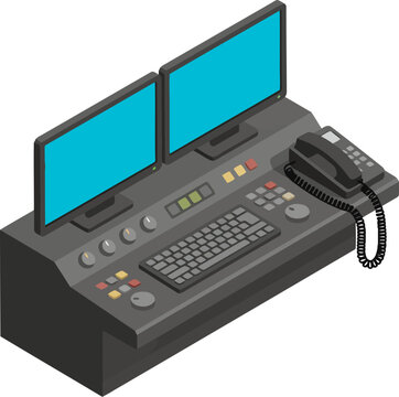 Isometric dispatch station monitors a municipal disaster command center. Detailed, modern, and ready for commercial use. Clear composition and professional aesthetic.