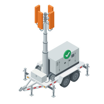 Isometric cell tower trailer icon. Modern, clean illustration of a mobile cell tower on a trailer with a green checkmark. Ideal for tech, communication, and emergency services visuals.