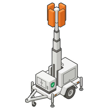 Isometric mobile cell tower trailer icon. A robust, modern emergency tower solution, ideal for visual communication and technical illustrations. Clear, detailed design.