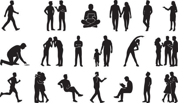 black silhouettes of people in various poses and activities