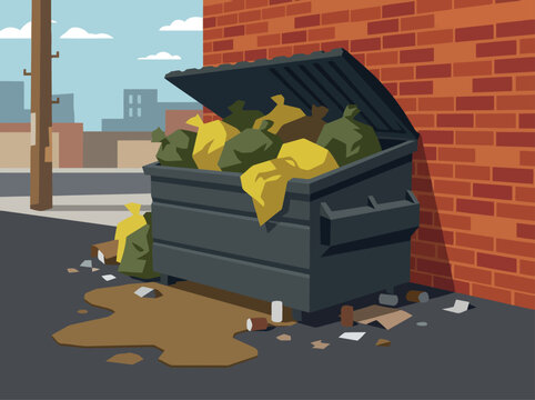 Overflowing industrial dumpster scene depicts sanitation incident. Stark contrast between waste and urban backdrop. Illustrative style, impactful visual.
