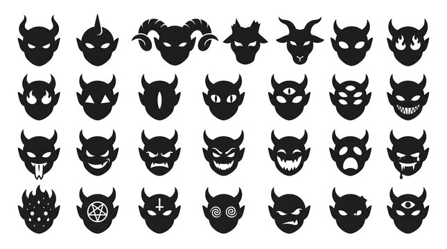  Minimalist Demon Face Silhouette Sheet &ndash; 24 Infernal Expressions