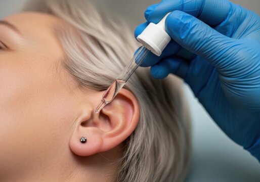 A closeup of a healthcare professional in blue gloves administering ear drops to a patient