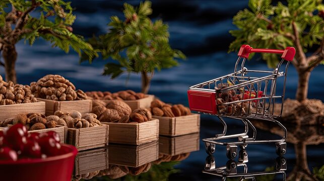 Miniature shopping cart overflows with nuts, next to a spread of nuts