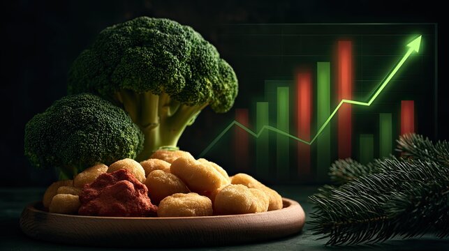 Fresh broccoli and plant-based nuggets shown with a rising green graph