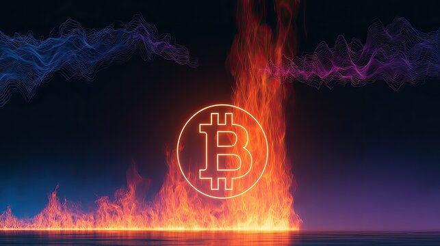 Cryptocurrency symbol engulfed in flames with vibrant digital waves