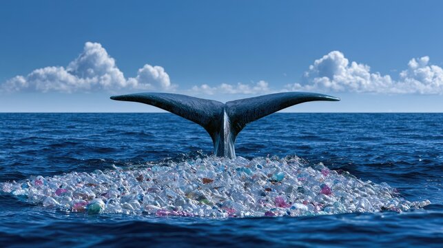 Whale tail emerges from ocean filled with plastic bottles