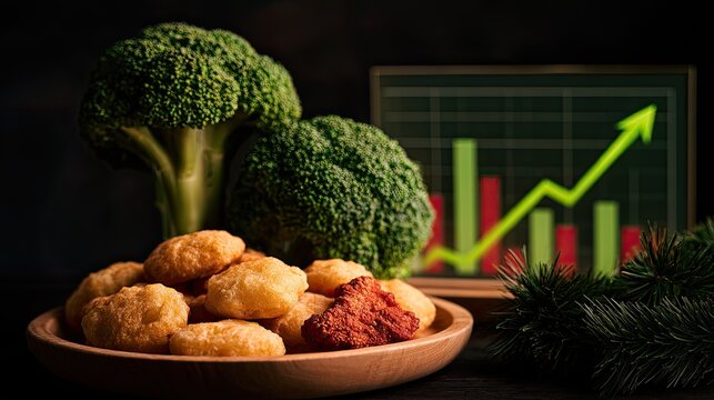 Fresh broccoli and fried bites next to a rising stock market graph