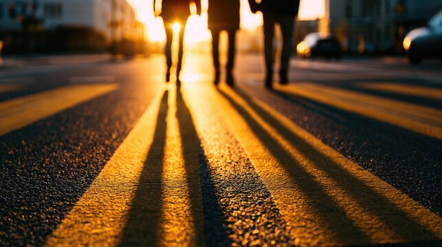 Silhouetted figures walk across a street at sunset, long shadows cast