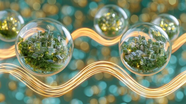 Miniature green cities encased in bubbles, flowing through golden light