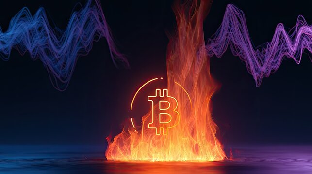 Fiery neon cryptocurrency symbol atop burning flames with abstract data waves