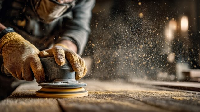 Skilled Craftsperson Wearing Gloves While Polishing a Wooden Surface with an Electric Sander Creating Dust Particles
