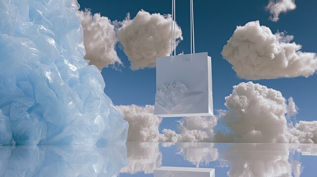 Ethereal landscape crumpled forms of plastic and paper against clouds, sky, water