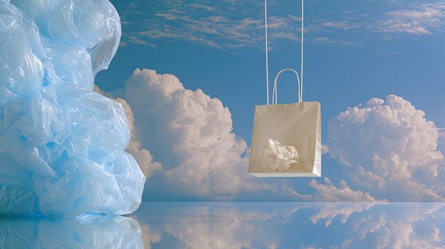 Light bag floats against blue sky, reflecting on water