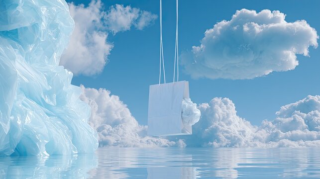 Surreal landscape with floating bag, clouds, and water reflection