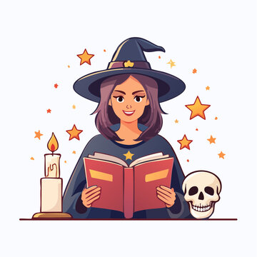 Witch Reading Spell Book with Skull and Candle