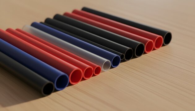 Colorful heat shrink tubing for electrical insulation and cable management arranged on a wooden desk, representing order and safety in electronic engineering concept