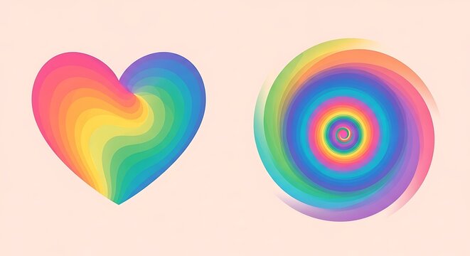 Abstract rainbow gradient heart and spiral shapes