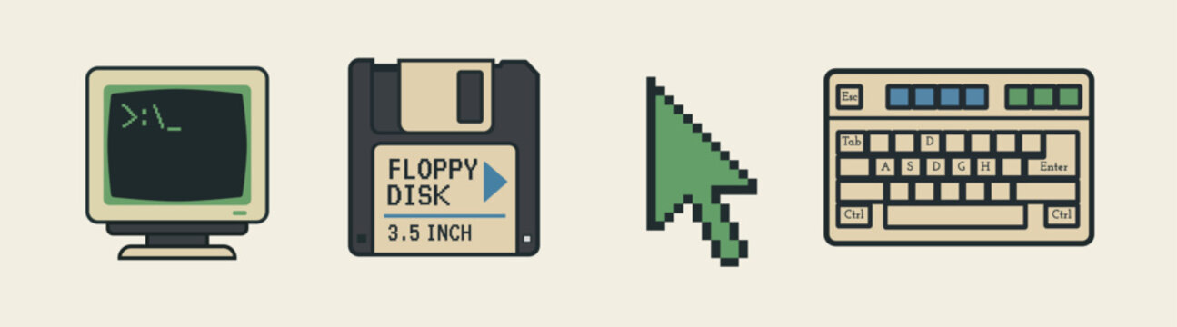 Retro Computer Interface Elements Set, 90s Desktop UI Icons, Vintage Pixel Technology Vector Collection