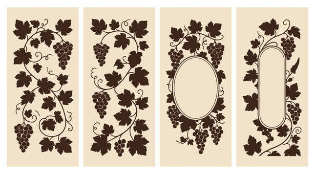 Set of four vintage grapevine floral panels with oval mirror frames, antique Victorian wall decor in brown on beige background.
