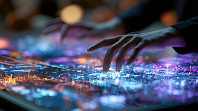 Glowing holographic interface responds to hands with futuristic digital patterns