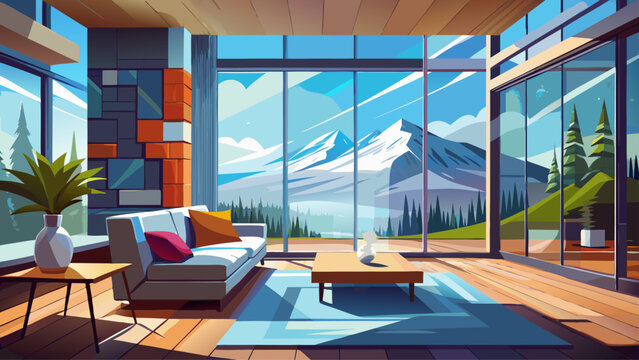Realistic vector illustration of luxurious modern living room with floor-to-ceiling glass window, snowy mountain landscape outside, natural winter daylight reflecting on polished wooden floor