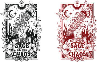 Obraz premium Funny skeleton halloween tarot card not enough sage for this chaos