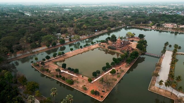 Sukhothai historical park aerial view displaying ancient stupa and tranquil moats