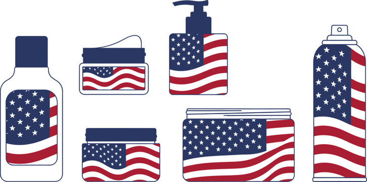 Set of cosmetic bottles and containers with american flag pattern design for beauty products Vector