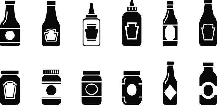 Black condiment bottle icons set on a white background for culinary designs